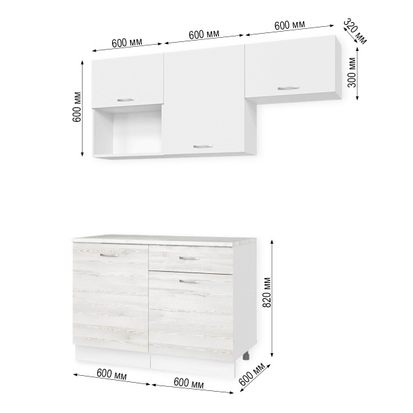 Кухня ТЕМПО №3 Белый/Сосна Лофт/Белый жемчуг/Олива (без мойки) 1,2 м